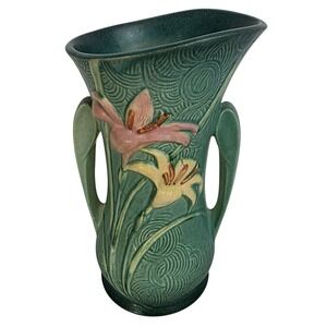 VTG 40s Roseville Pottery Zephyr Lily Evergreen # 135 9 Inch Art Deco Vase
